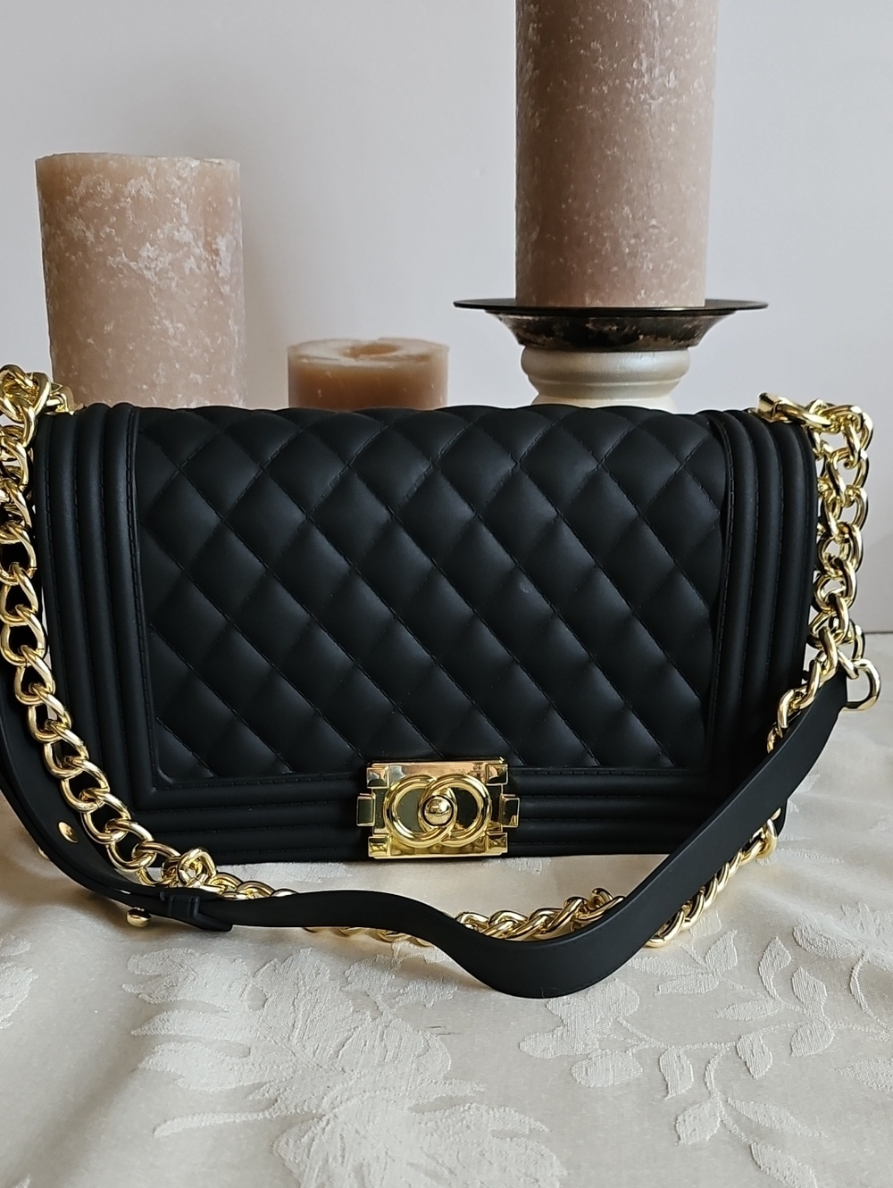 Quilted Black Jelly Boy Bag Style with Gold Chain Hardware